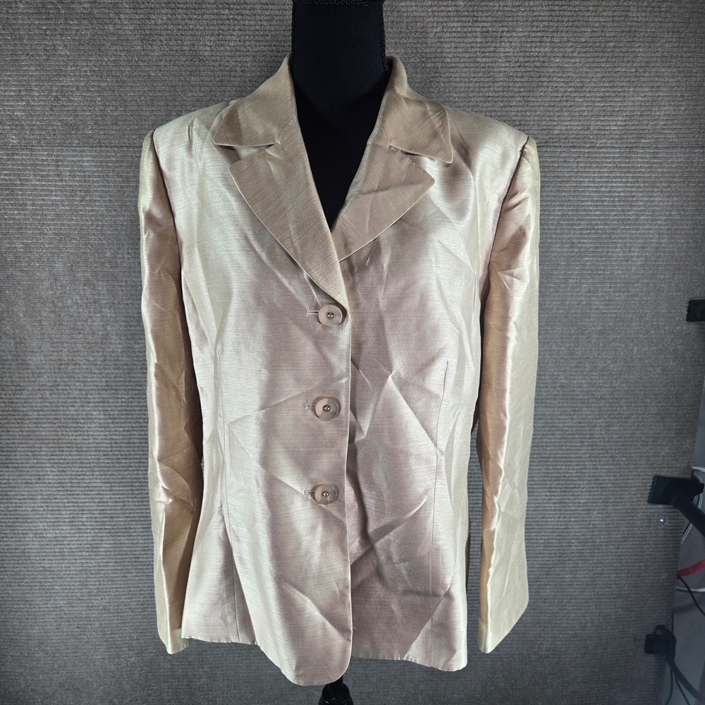 Le Suit Womens 16 Champagne Gold Shimmer Textured Three Button Blazer Jacket
